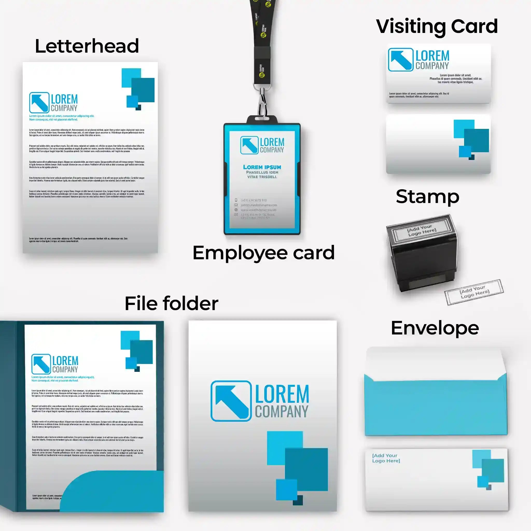 Modern Blue Square Corporate Stationery – Includes 6 Items