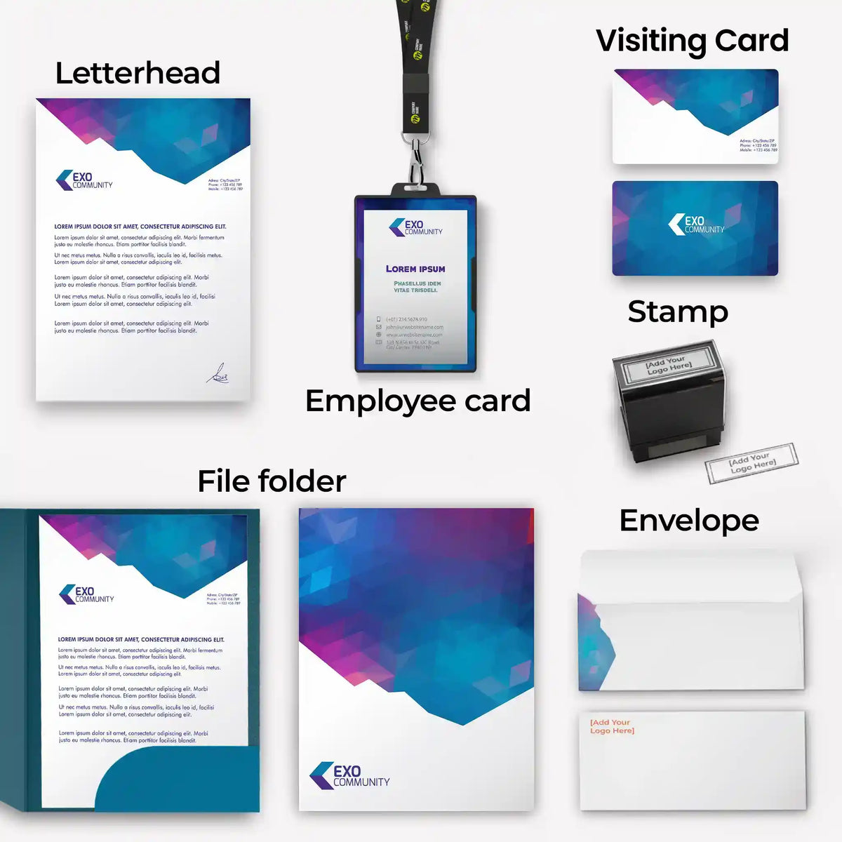 Geometric Blue & Purple Corporate Stationery Set – Includes 6 Items