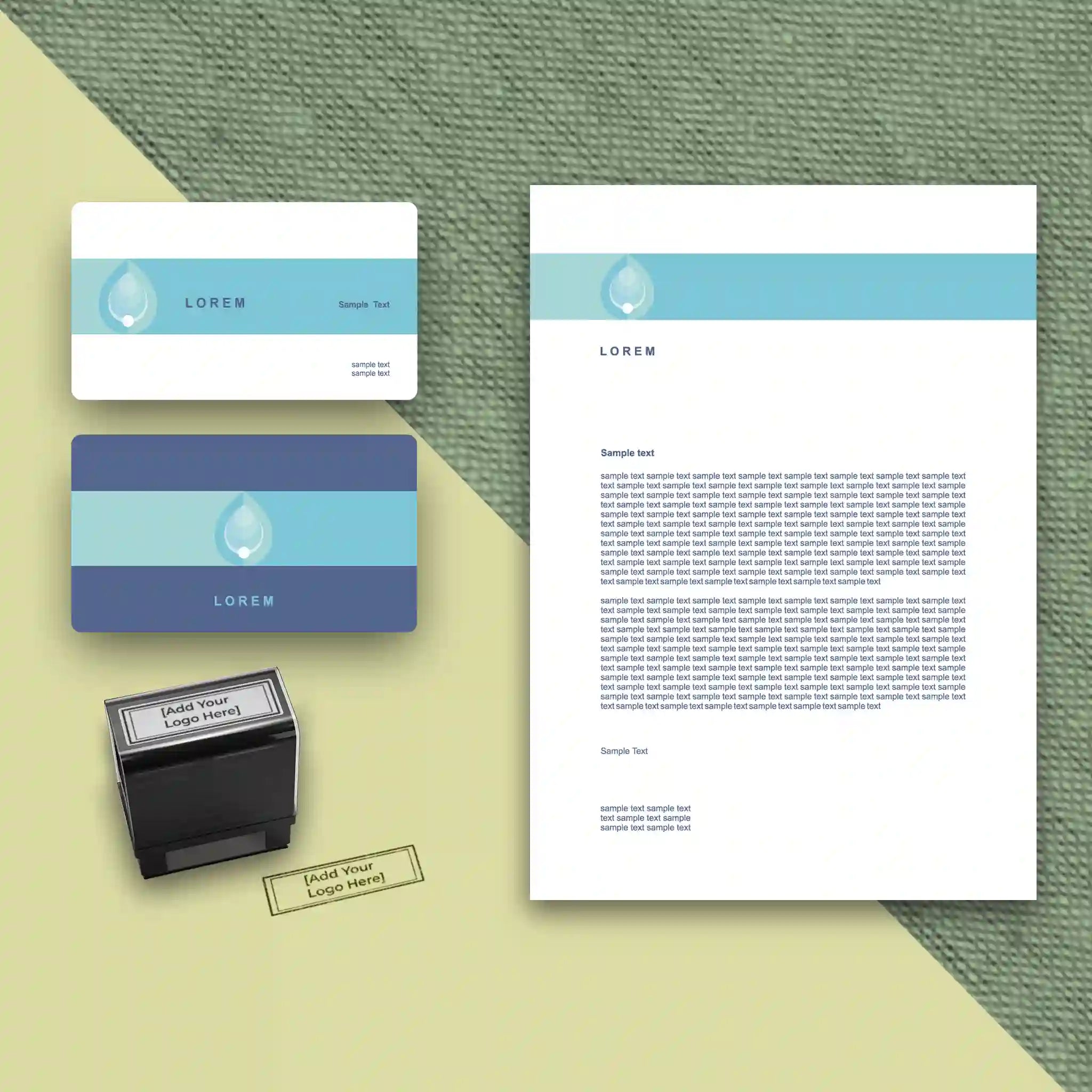 Elegant Blue Water-Themed Business Stationery Set – Business Cards, Letterheads & Stamp