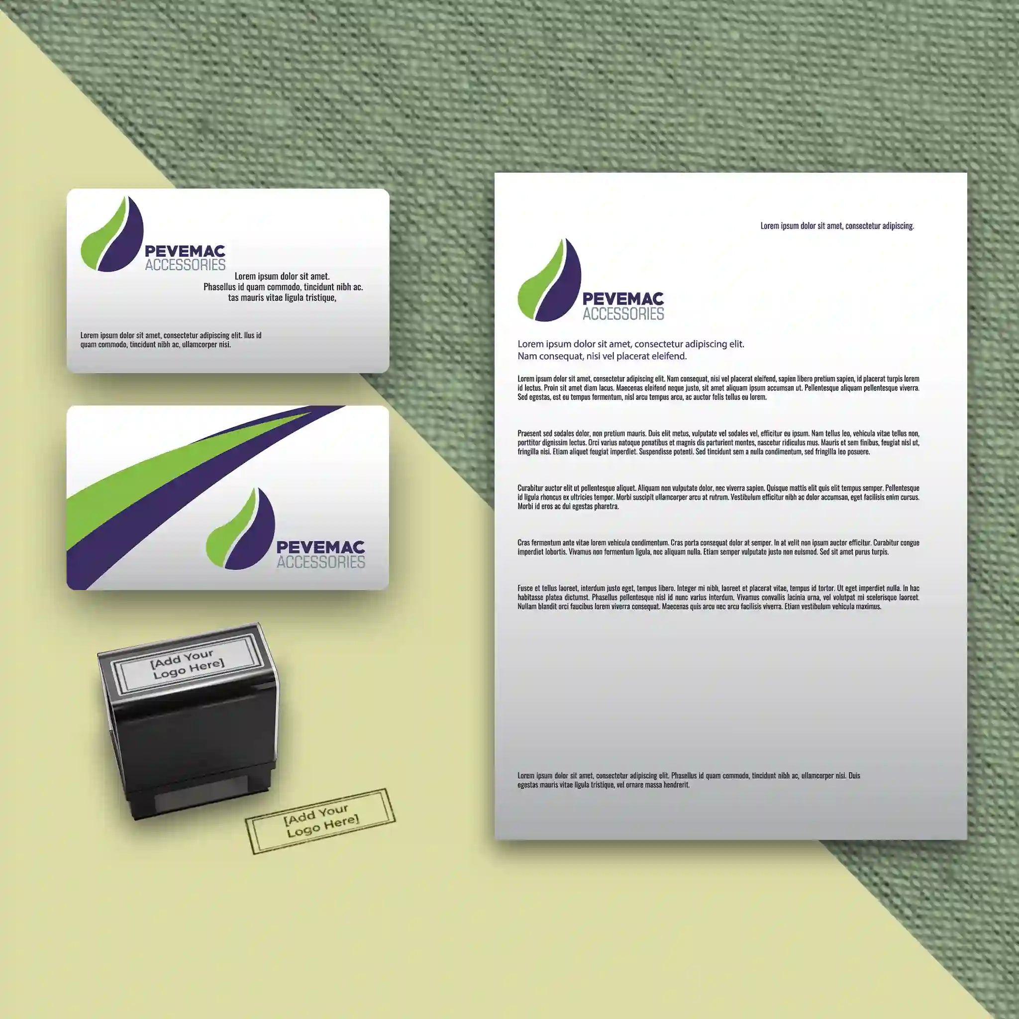 Green & Purple Corporate Stationery Set – Business Cards, Letterheads & Stamp