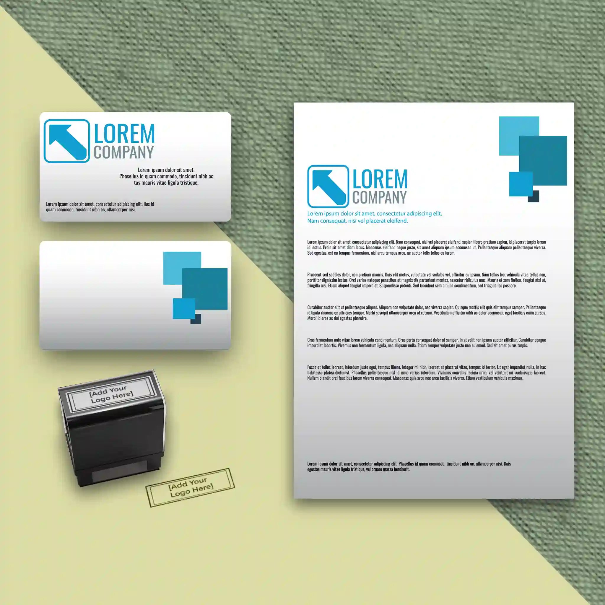 Modern Blue Square Business Stationery – Custom Business Cards, Letterheads & Stamp