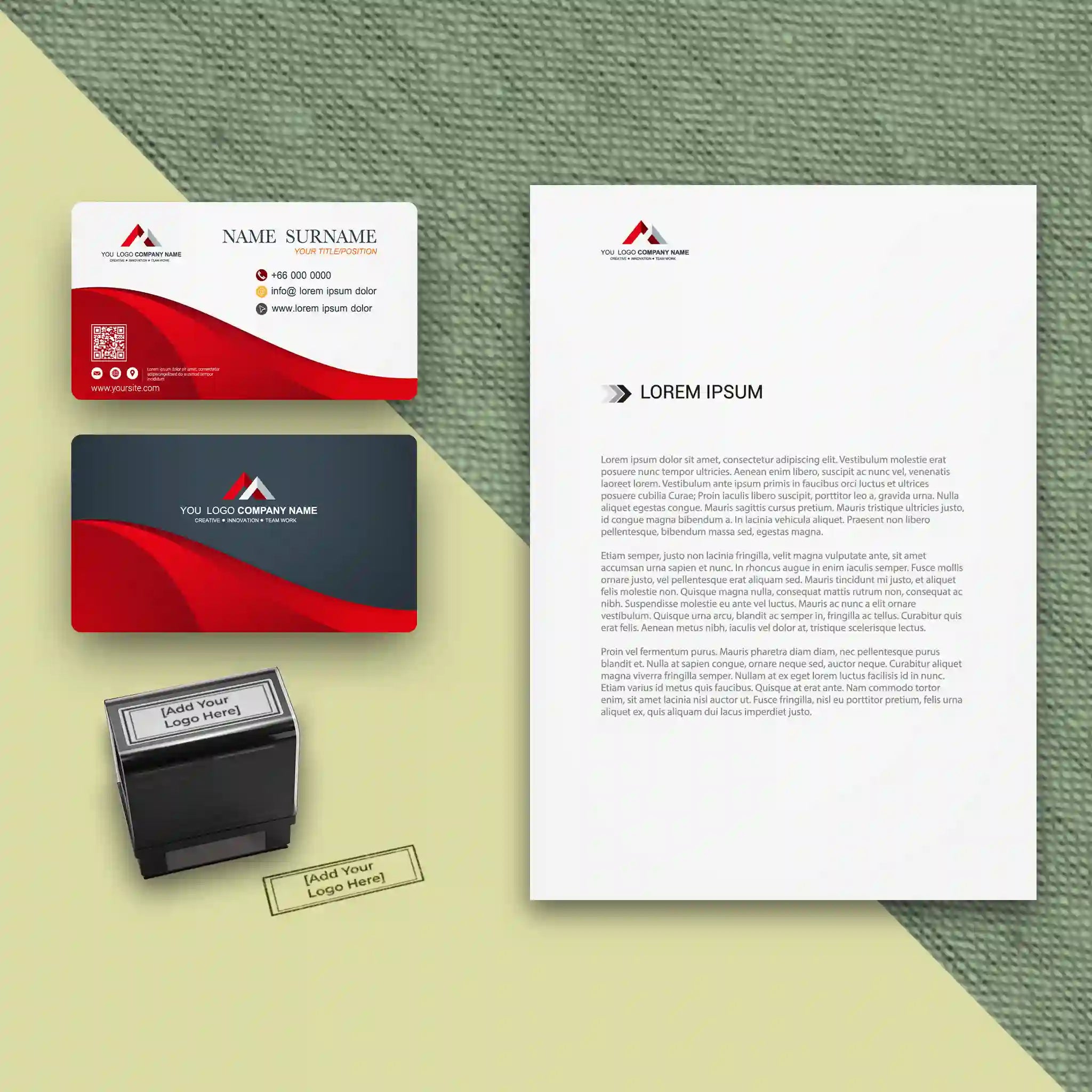 Red & Black Business Stationery Set – Business Cards, Letterheads & Stamp