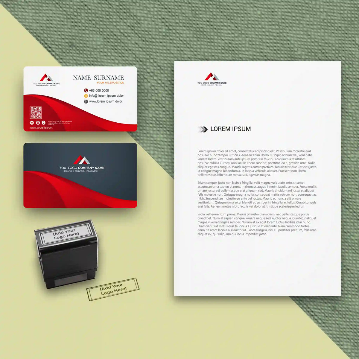 Red & Black Business Stationery Set – Business Cards, Letterheads & Stamp