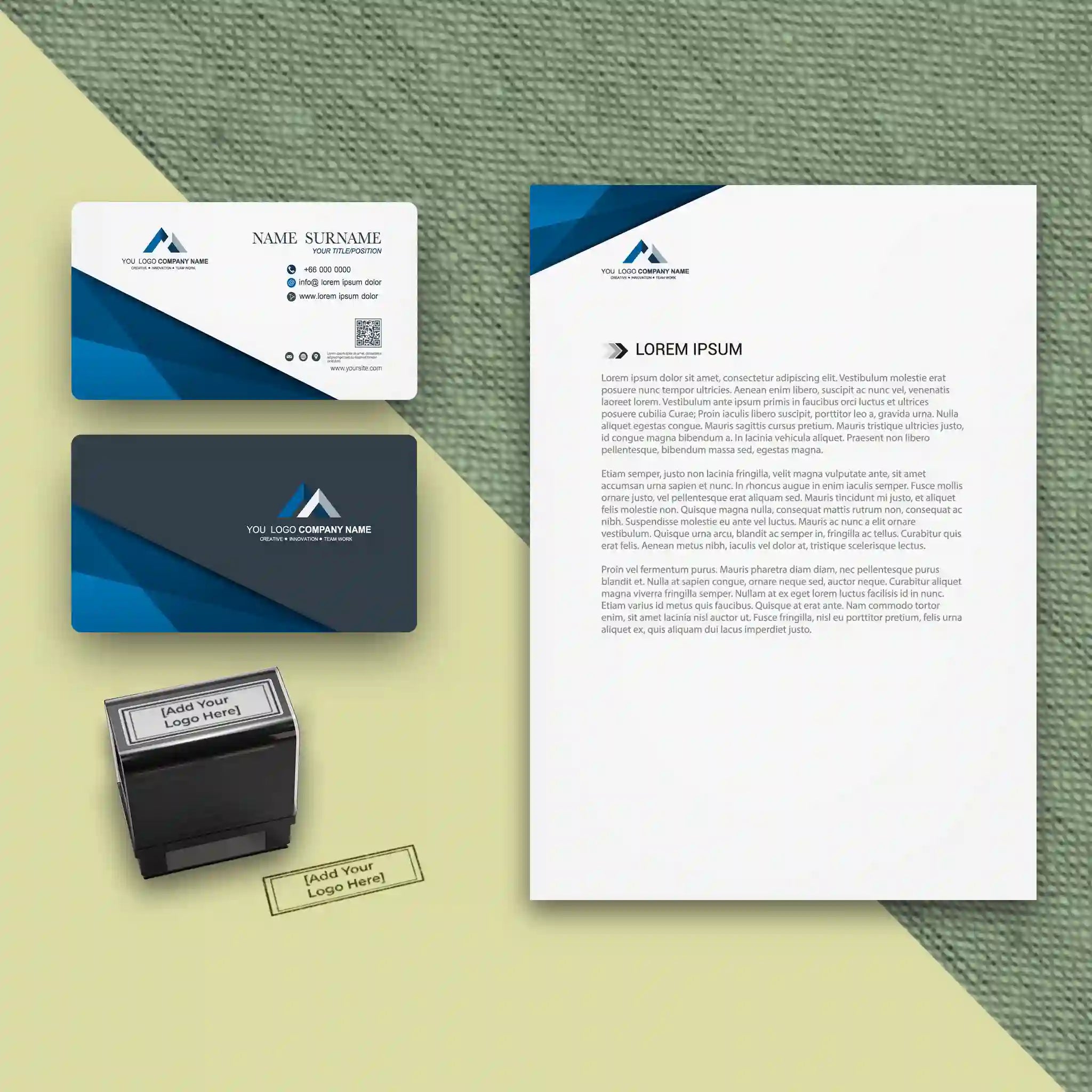 Elegant Dark Blue Business Stationery Bundle – Business Cards, Letterheads & Stamp