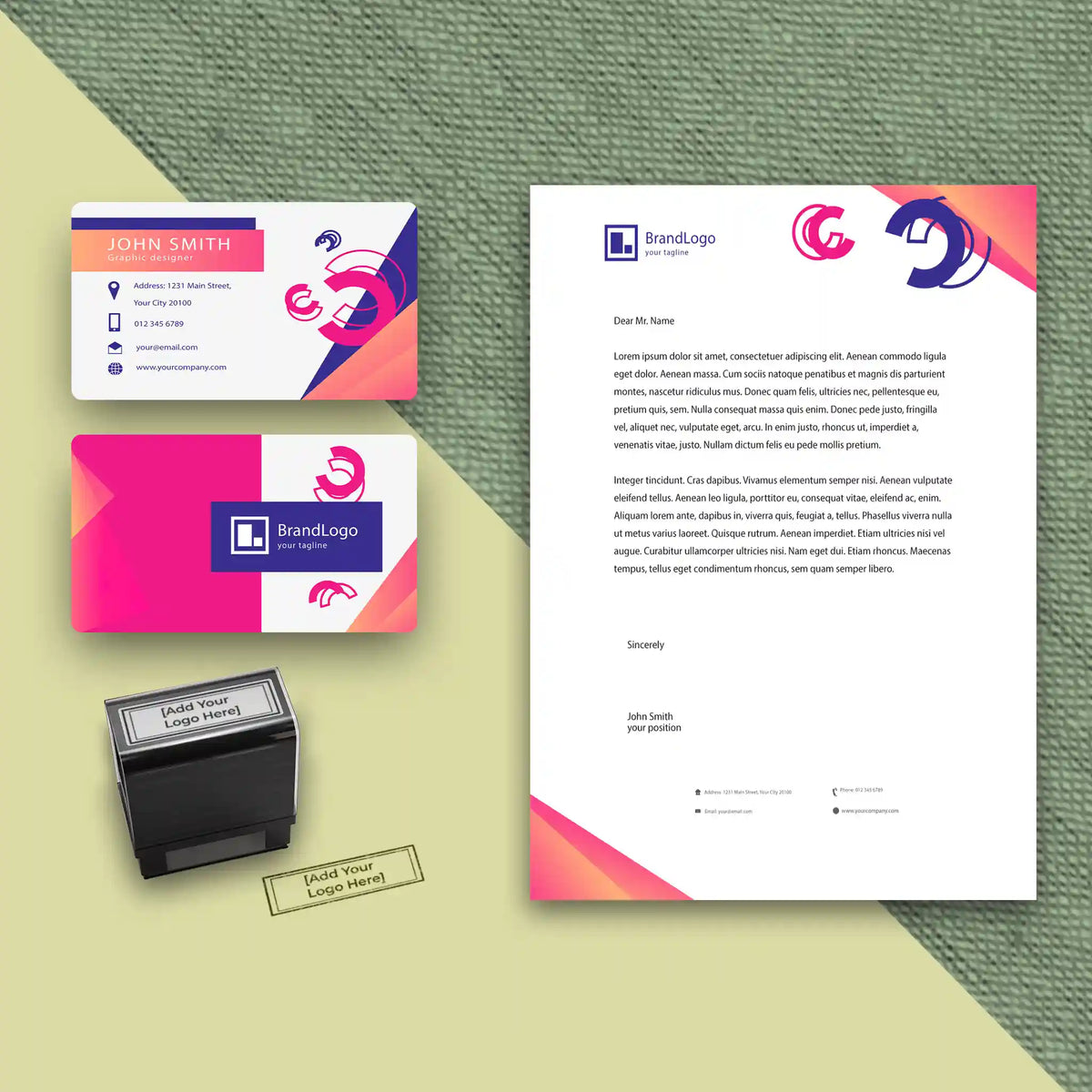 Pink & Purple Stationery Set – Business Cards, Letterheads & Stamp