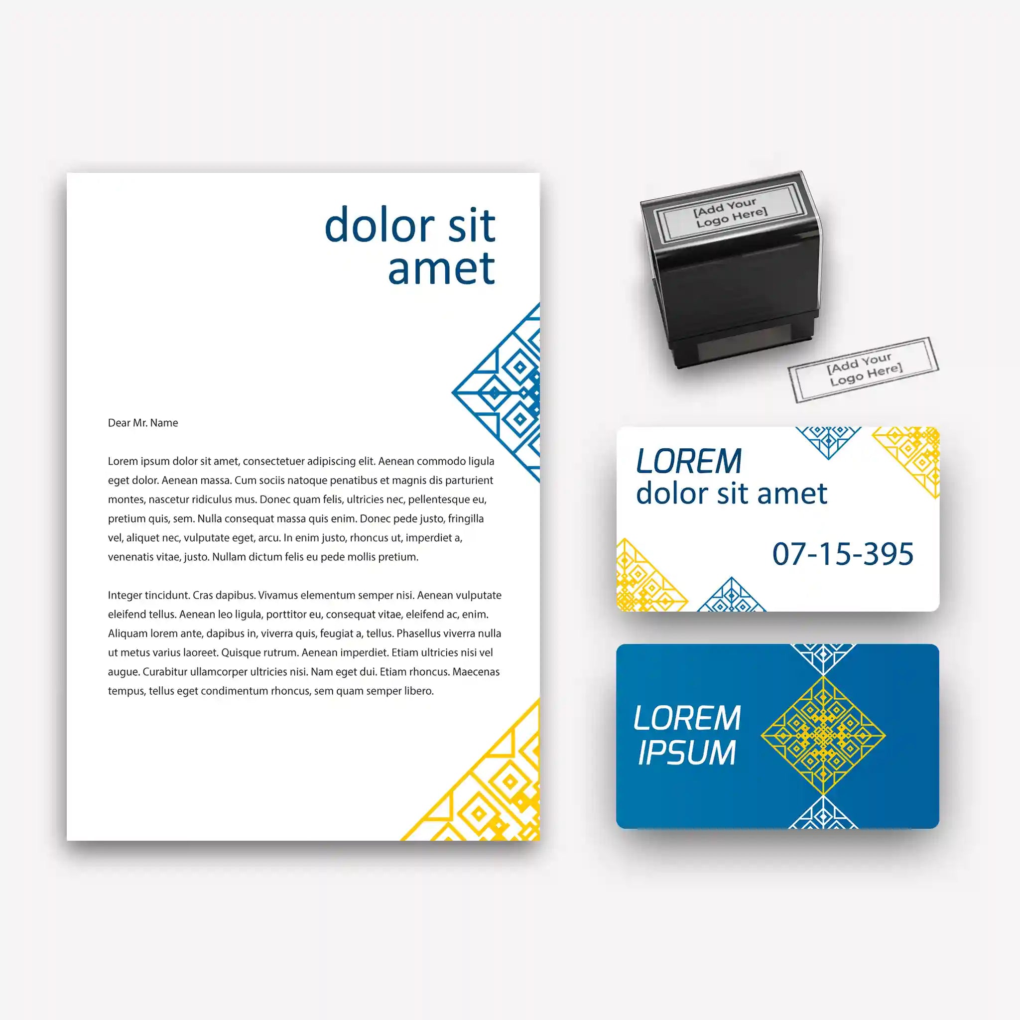 Blue & Gold Stationery Set – Custom Business Cards, Letterheads & Stamp