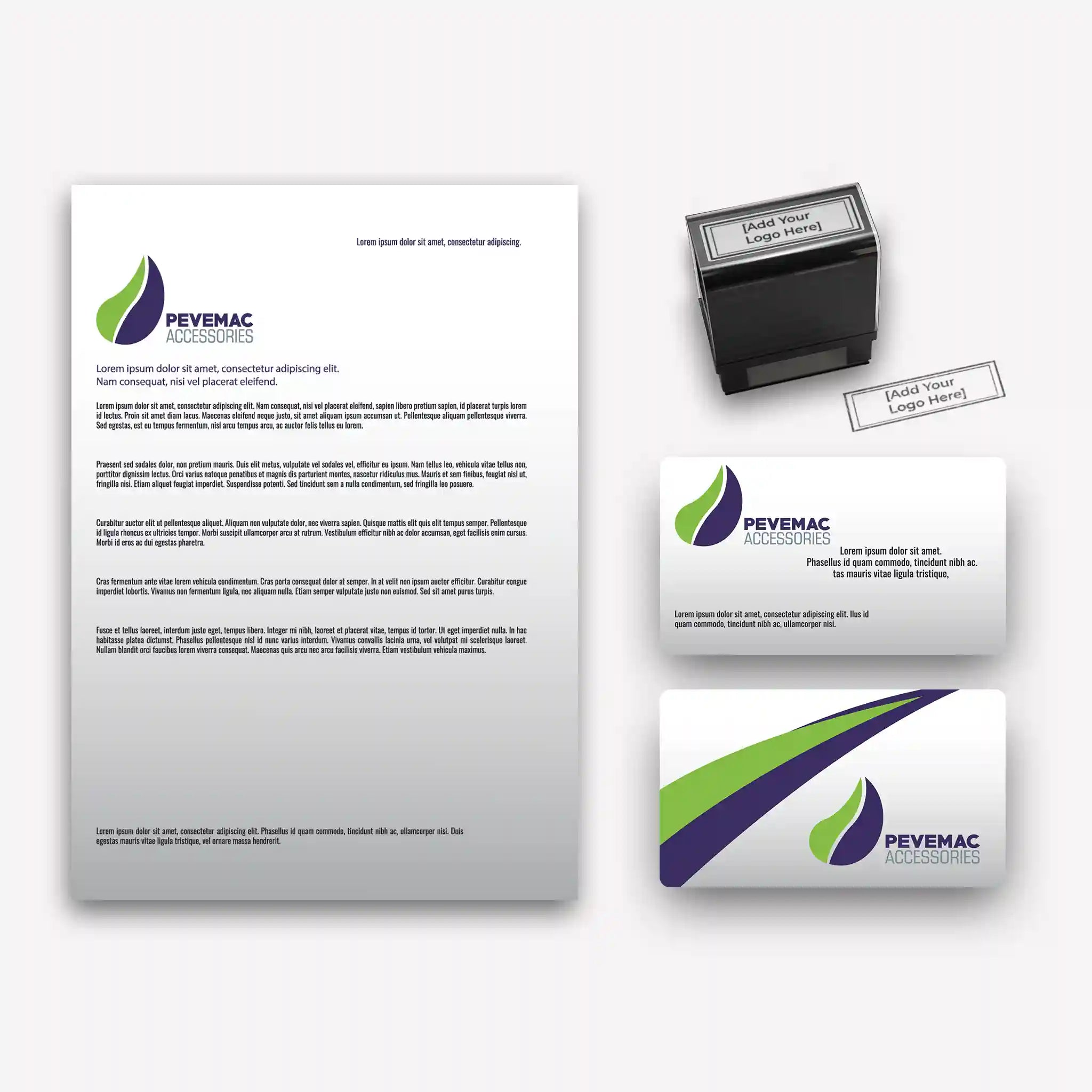 Green & Purple Corporate Stationery Set – Business Cards, Letterheads & Stamp