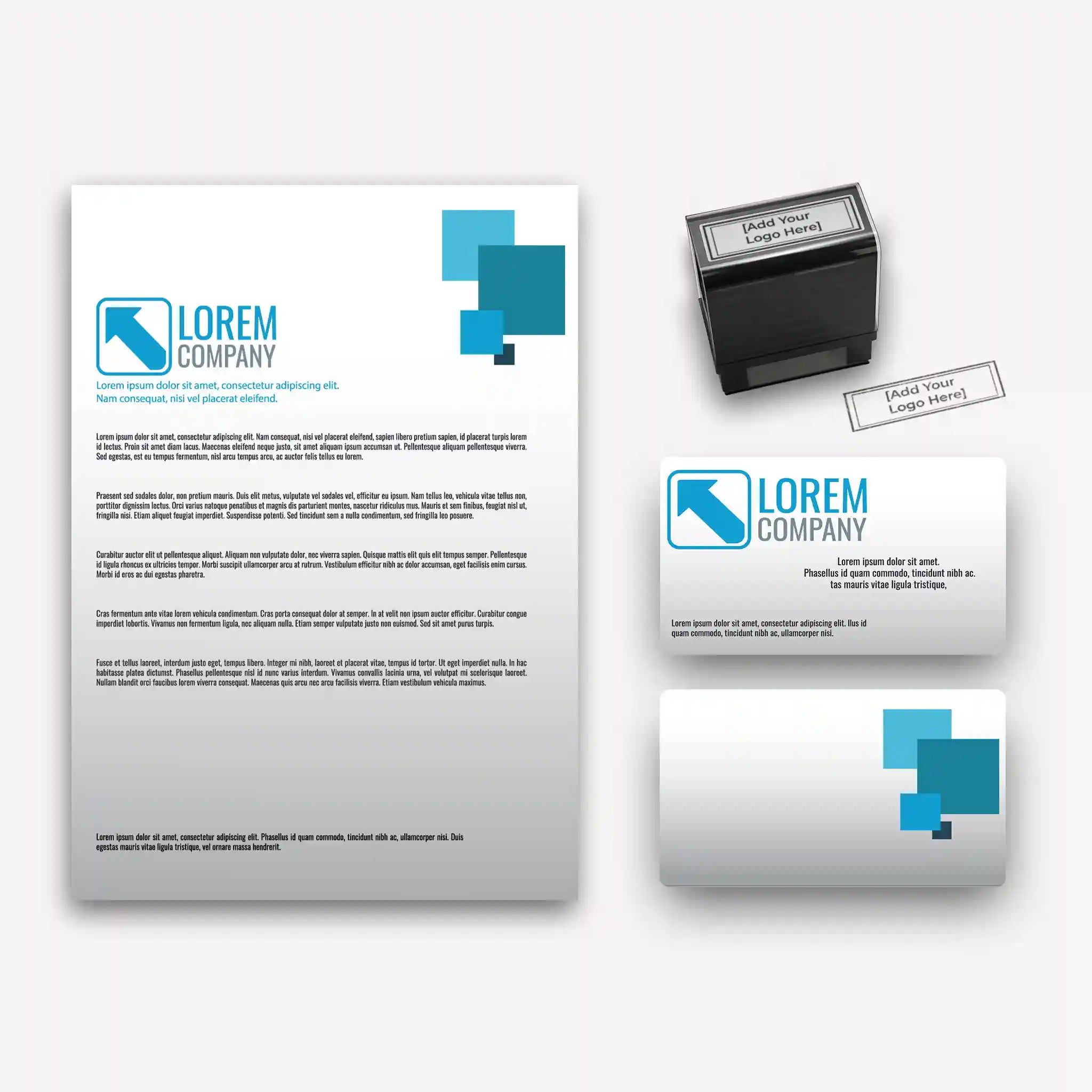 Modern Blue Square Business Stationery – Custom Business Cards, Letterheads & Stamp