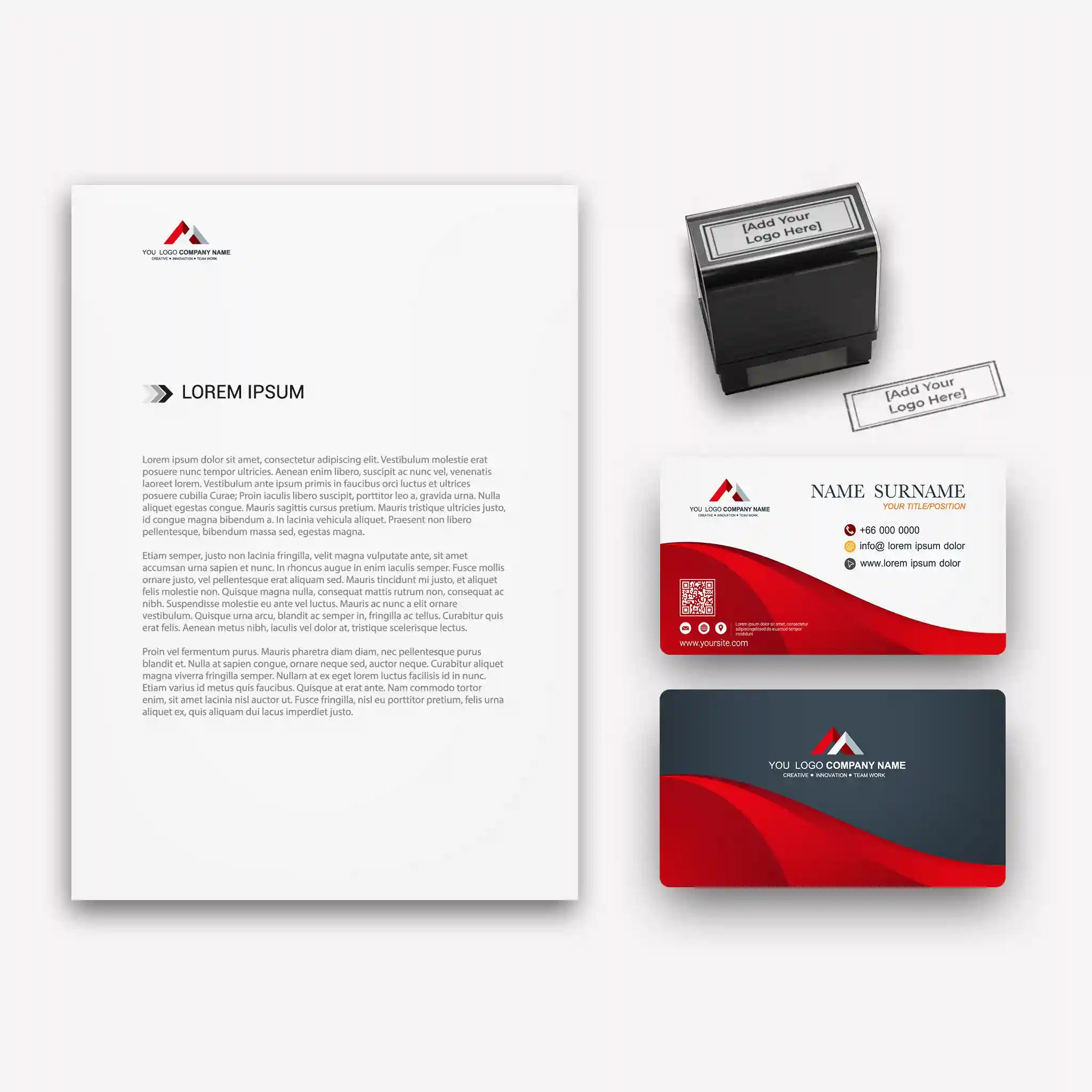 Red & Black Business Stationery Set – Business Cards, Letterheads & Stamp