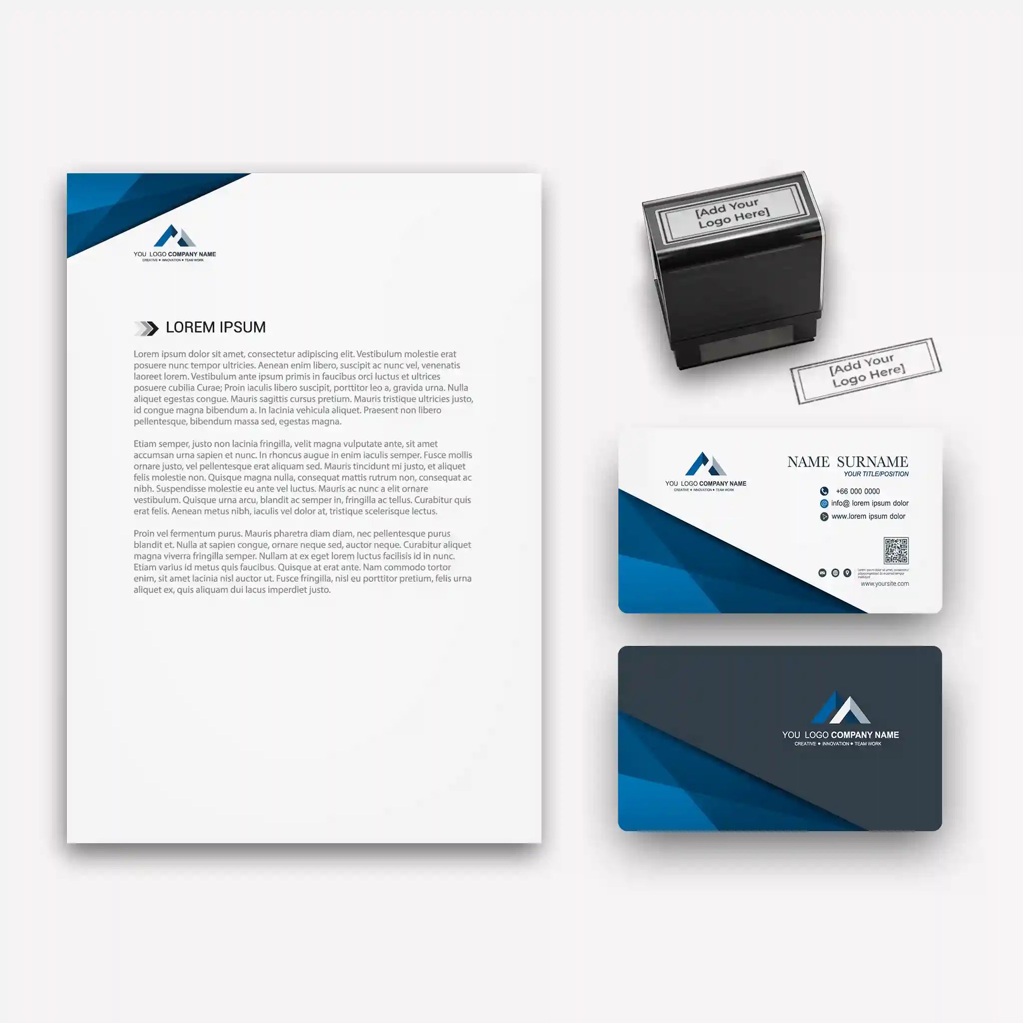 Elegant Dark Blue Business Stationery Bundle – Business Cards, Letterheads & Stamp