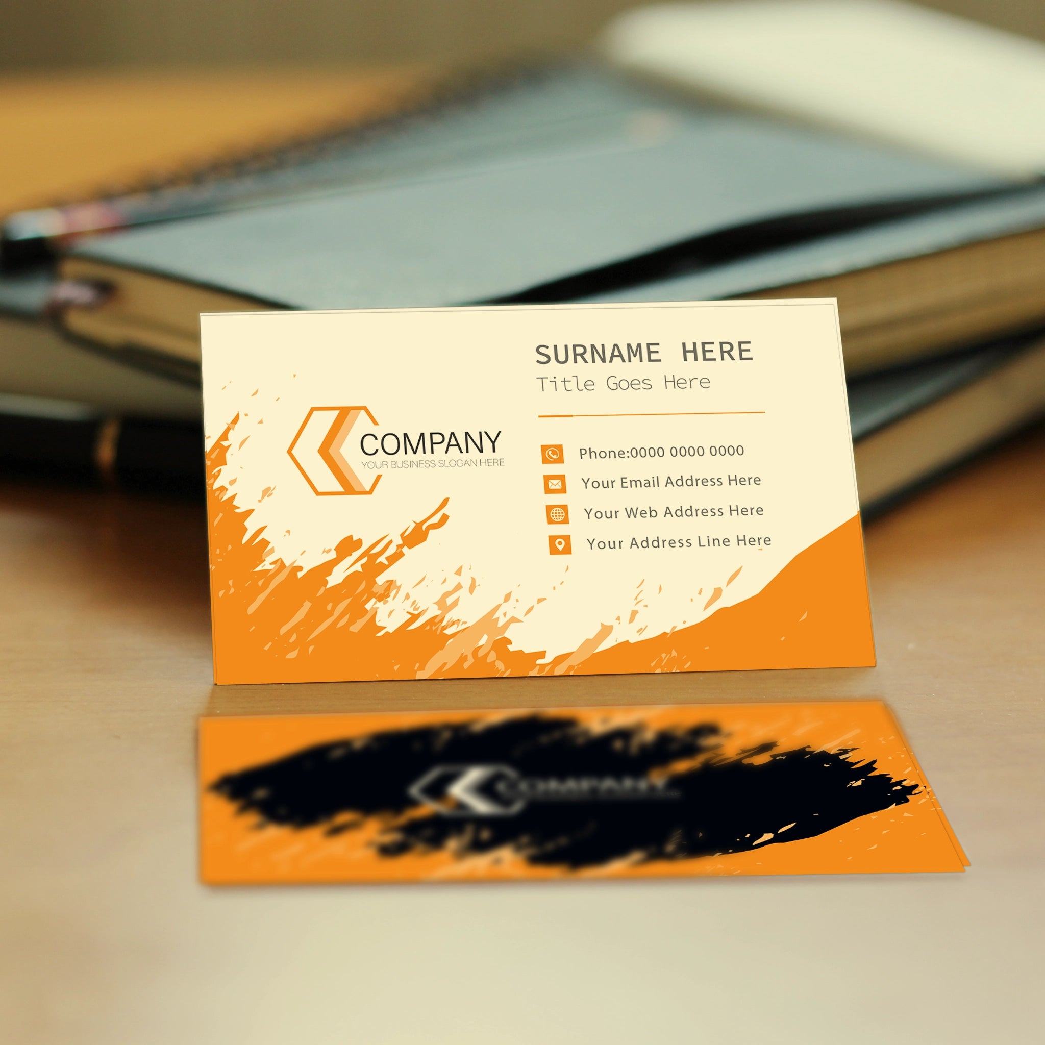 Custom Business Cards – Black & Orange Splash, Premium Print