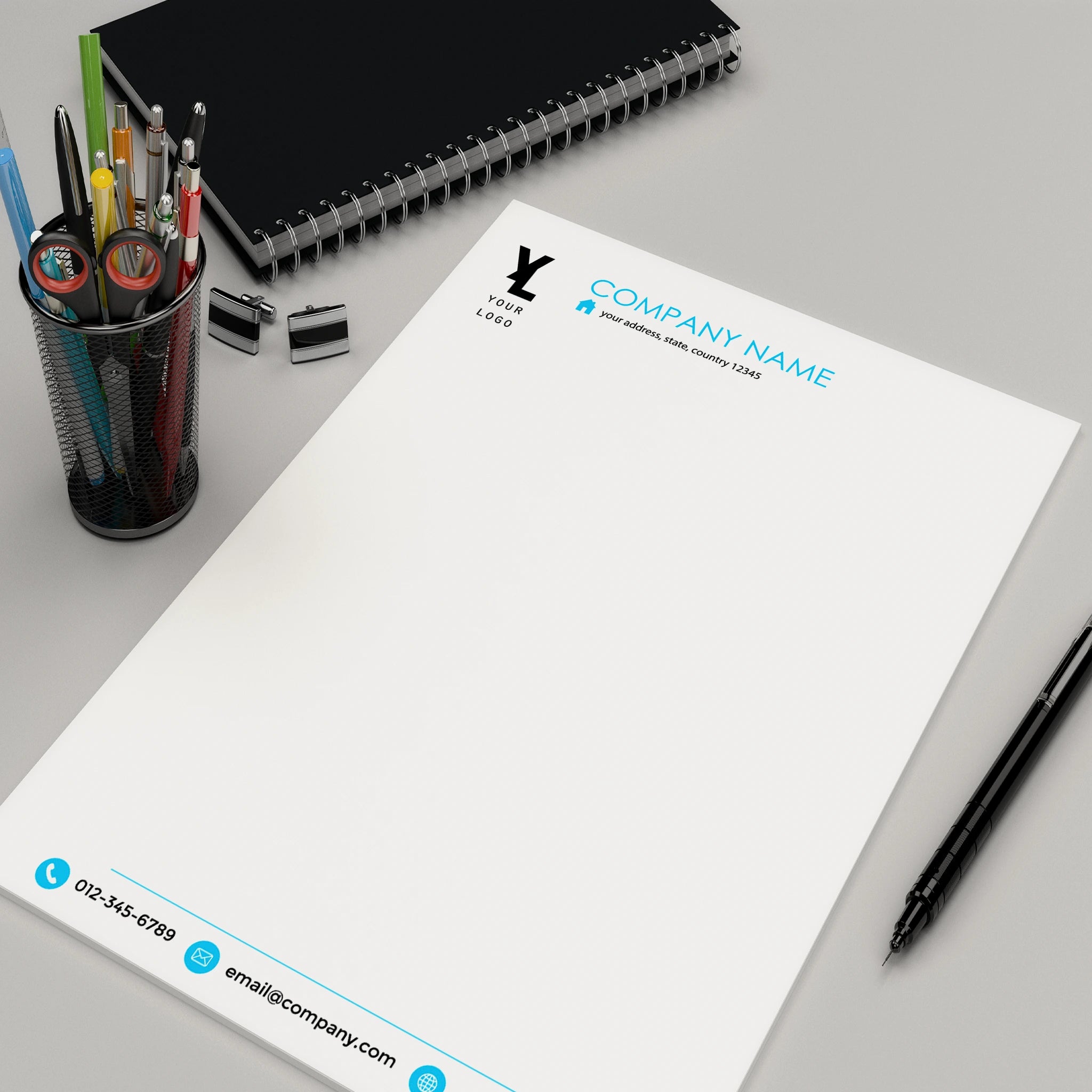 Minimalist Blue & Black Letterheads – Sleek & Professional